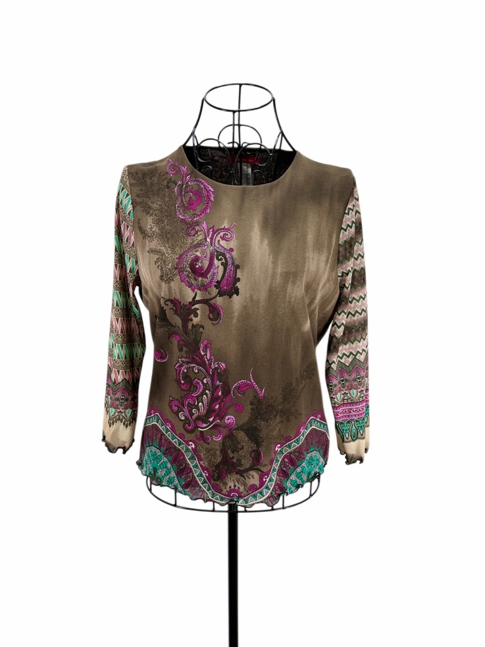 Anne Klein Taupe Blouse with Pink & Teal Paisley Accents